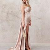 Katherine One Shoulder Satin Gown - Champagne