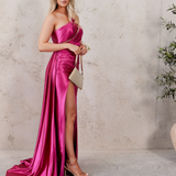 Katherine One Shoulder Satin Gown - Fuchsia