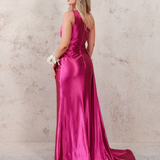 Katherine One Shoulder Satin Gown - Fuchsia