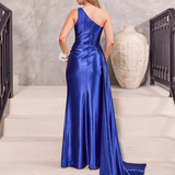 Katherine One Shoulder Satin Gown - Navy