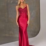 Niki Corset Satin Formal Gown - Ruby Front
