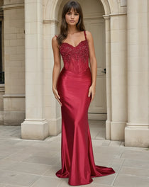 Niki Corset Satin Gown Ruby Front