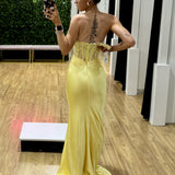 Niki Corset Satin Formal Gown - Yellow Back
