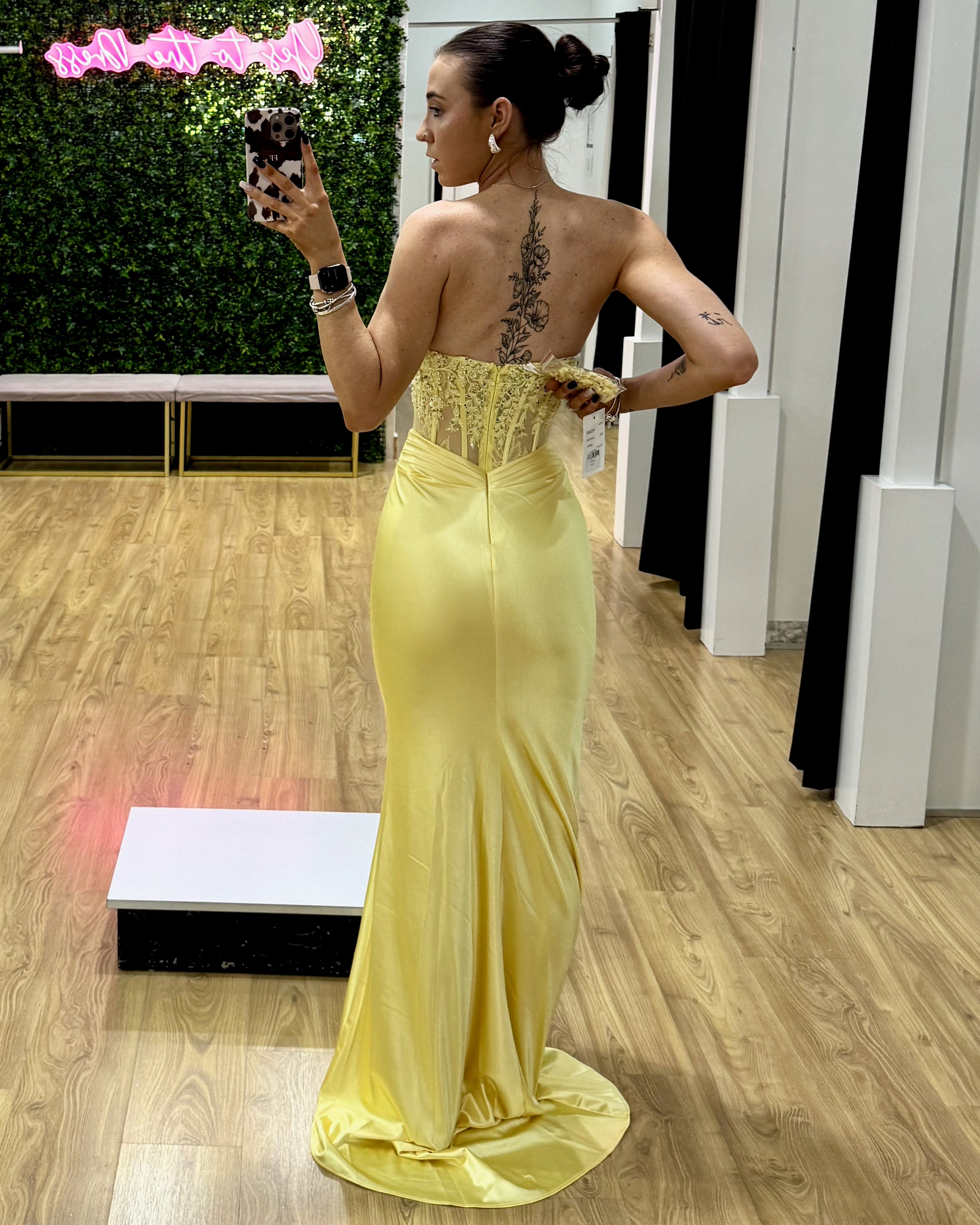 Niki Corset Satin Formal Gown - Yellow Back