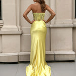 Niki Corset Satin Formal Gown - Yellow Back