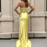 Niki Corset Satin Formal Gown - Yellow Back