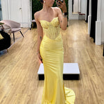 Niki Corset Satin Formal Gown -  Yellow Front