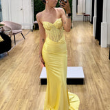 Niki Corset Satin Formal Gown -  Yellow Front