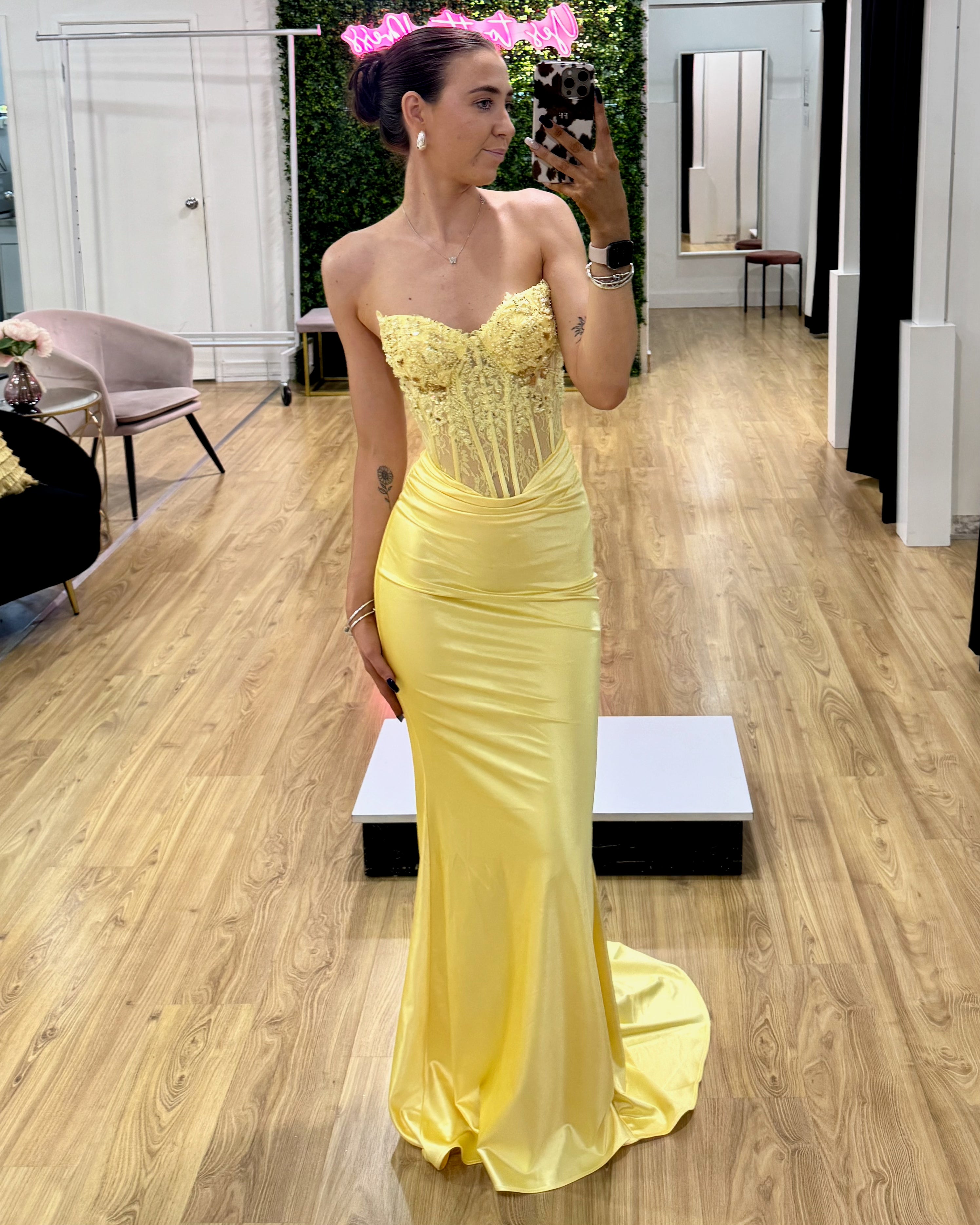 Niki Corset Satin Formal Gown -  Yellow Front
