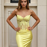 Niki Corset Satin Formal Gown - Yellow Front