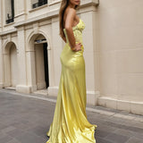 Niki Corset Satin Formal Gown - Yellow Side