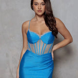 Aurielle Glitter Corset Gown Aqua Front