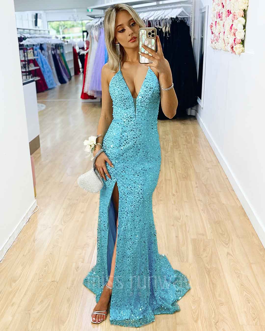 Paige Sequin Gown - Aqua Blue