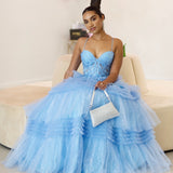 Rosamund Layered Tulle Gown - Dusty Blue