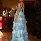 Maxine Layered Glitter Gown - Ice Blue