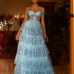 Maxine Layered Glitter Gown - Ice Blue