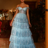 Maxine Layered Glitter Gown - Ice Blue