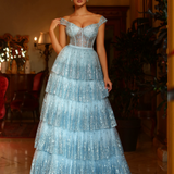 Maxine Layered Glitter Gown - Ice Blue