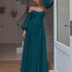 Lilia Off Shoulder Tulle Gown - Emerald