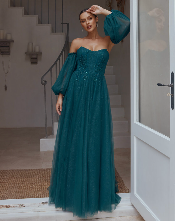 Lilia Off Shoulder Tulle Gown - Emerald