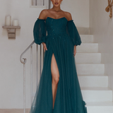 Lilia Off Shoulder Tulle Gown - Emerald