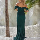 Marlow Off Shoulder Beaded Mesh Gown - Emerald