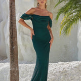 Marlow Off Shoulder Beaded Mesh Gown - Emerald