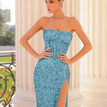 Guinevere Strapless Corset Sequin Gown - Aqua Blue