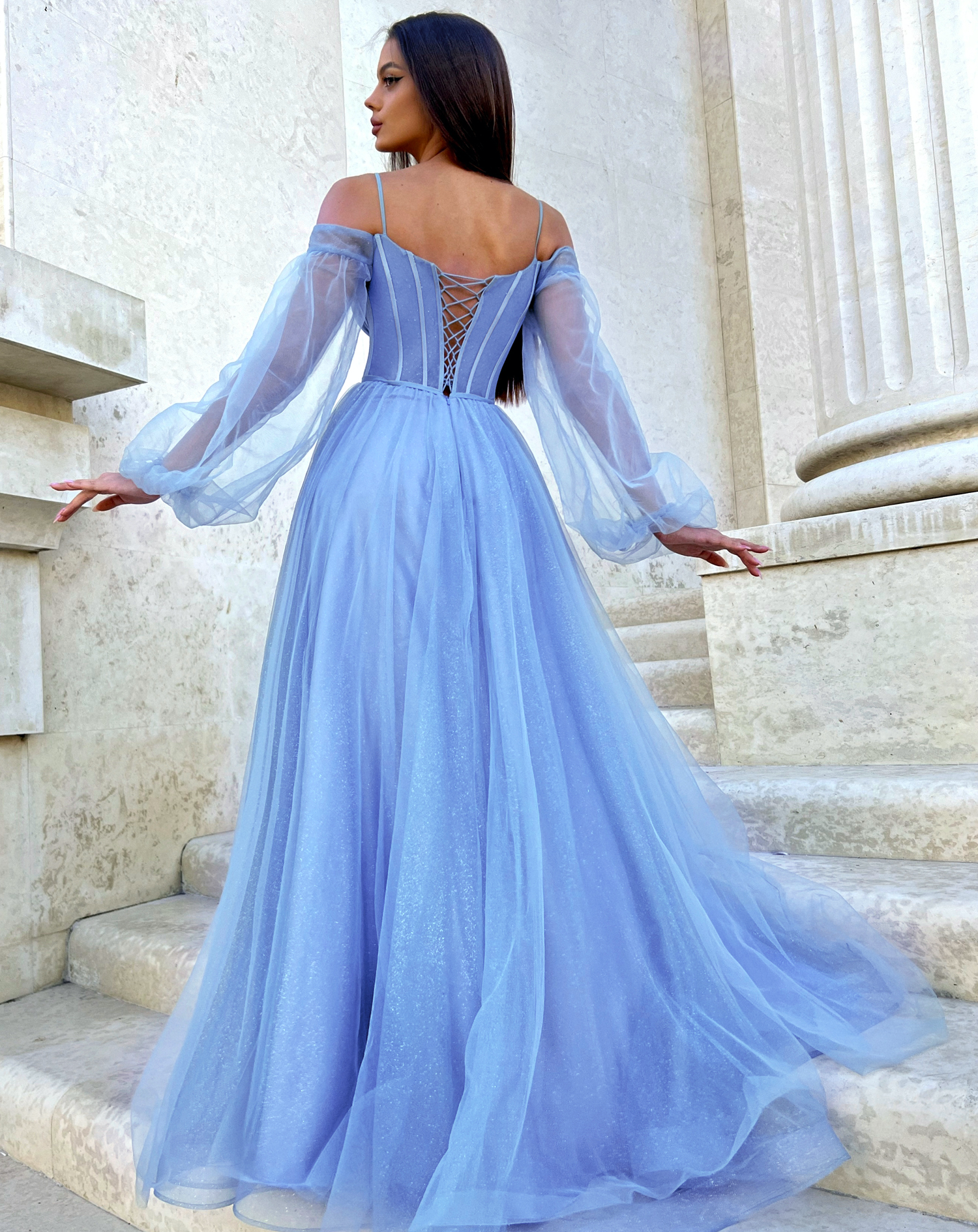 Savannah Off Shoulder Corset Gown - Blue Blossom