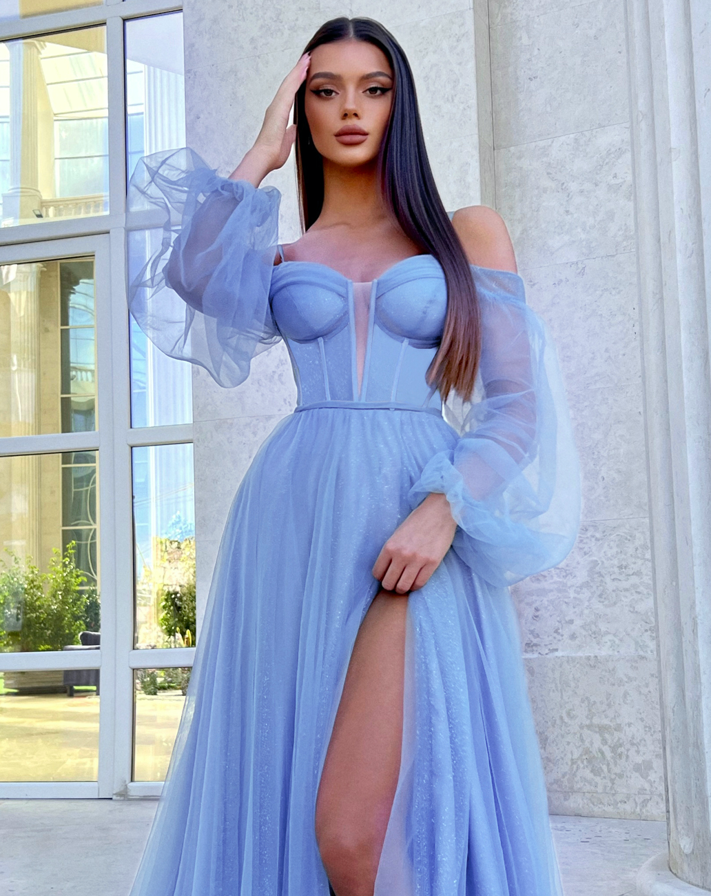 Savannah Off Shoulder Corset Gown - Blue Blossom