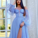 Savannah Off Shoulder Corset Gown - Blue Blossom