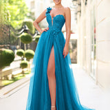 Ariella One Shoulder Gown - Peacock