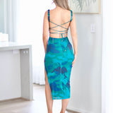 Viola Mesh Midi Dress - Blue/Green Print