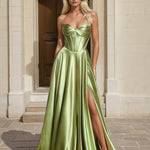 Zephyr Strapless Satin Gown Pistachio Front