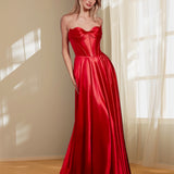 Zephyr Strapless Satin Gown - Red