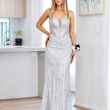 Adaya Strapless Beaded Gown - Silver