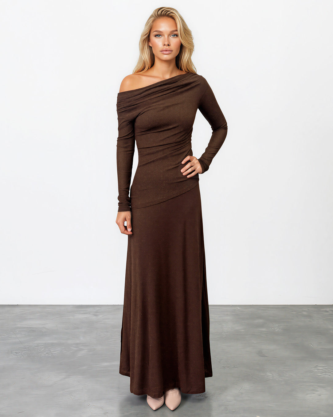 Adriana Long Sleeve Maxi Dress Chocolate Front