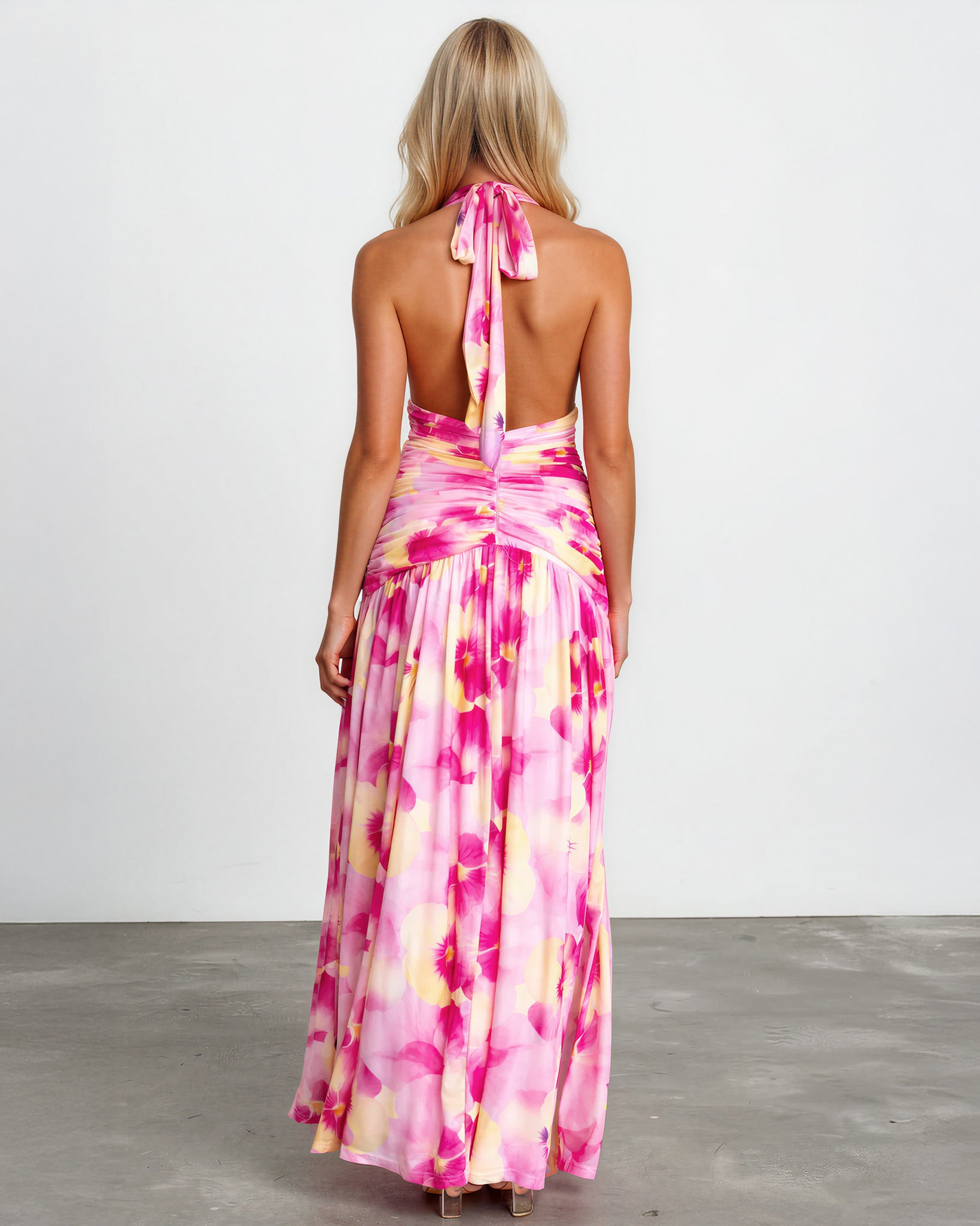 Aimee Halter Maxi Dress Pink Floral Back