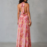 Aimee Halter Maxi Dress Pink Floral Back