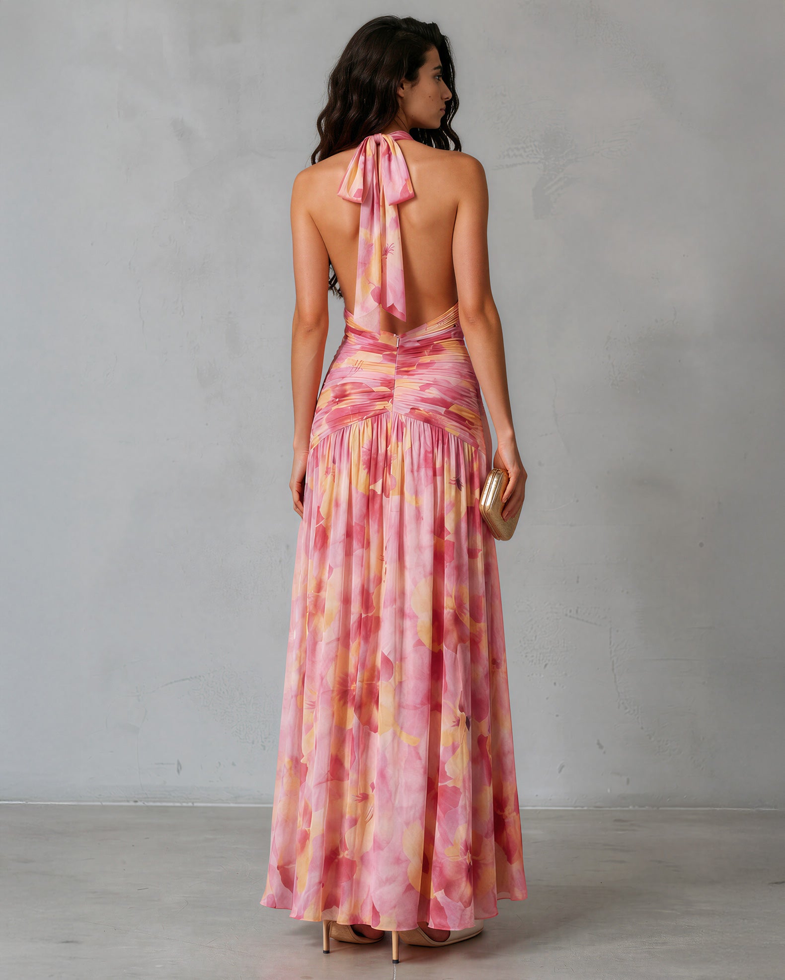 Aimee Halter Maxi Dress Pink Floral Back