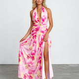 Aimee Halter Maxi Dress Pink Floral Front