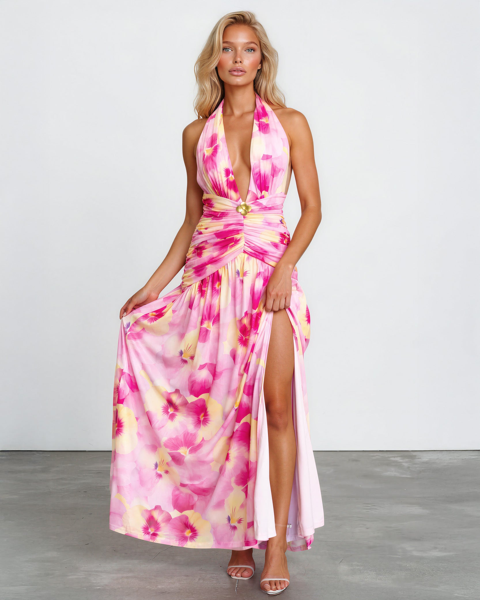 Aimee Halter Maxi Dress Pink Floral Front