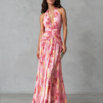 Aimee Halter Maxi Dress Pink Floral Front