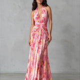 Aimee Halter Maxi Dress Pink Floral Front