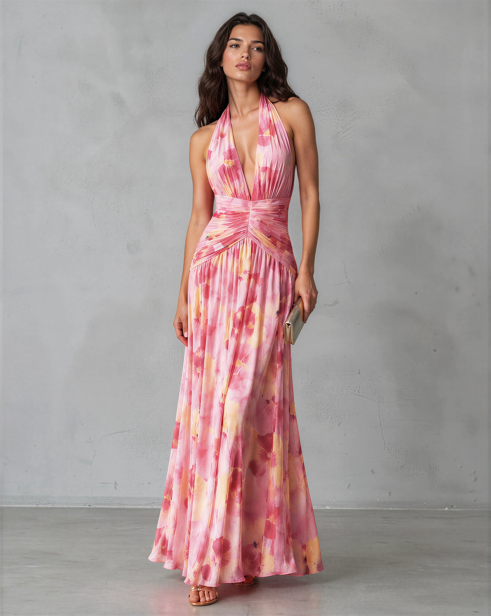 Aimee Halter Maxi Dress Pink Floral Front