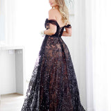 Aisha Feather Sequin Gown - Black and Nude