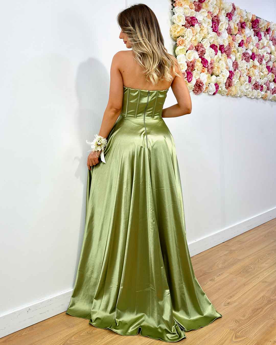 Alexandra Corset Satin Gown - Soft Sage