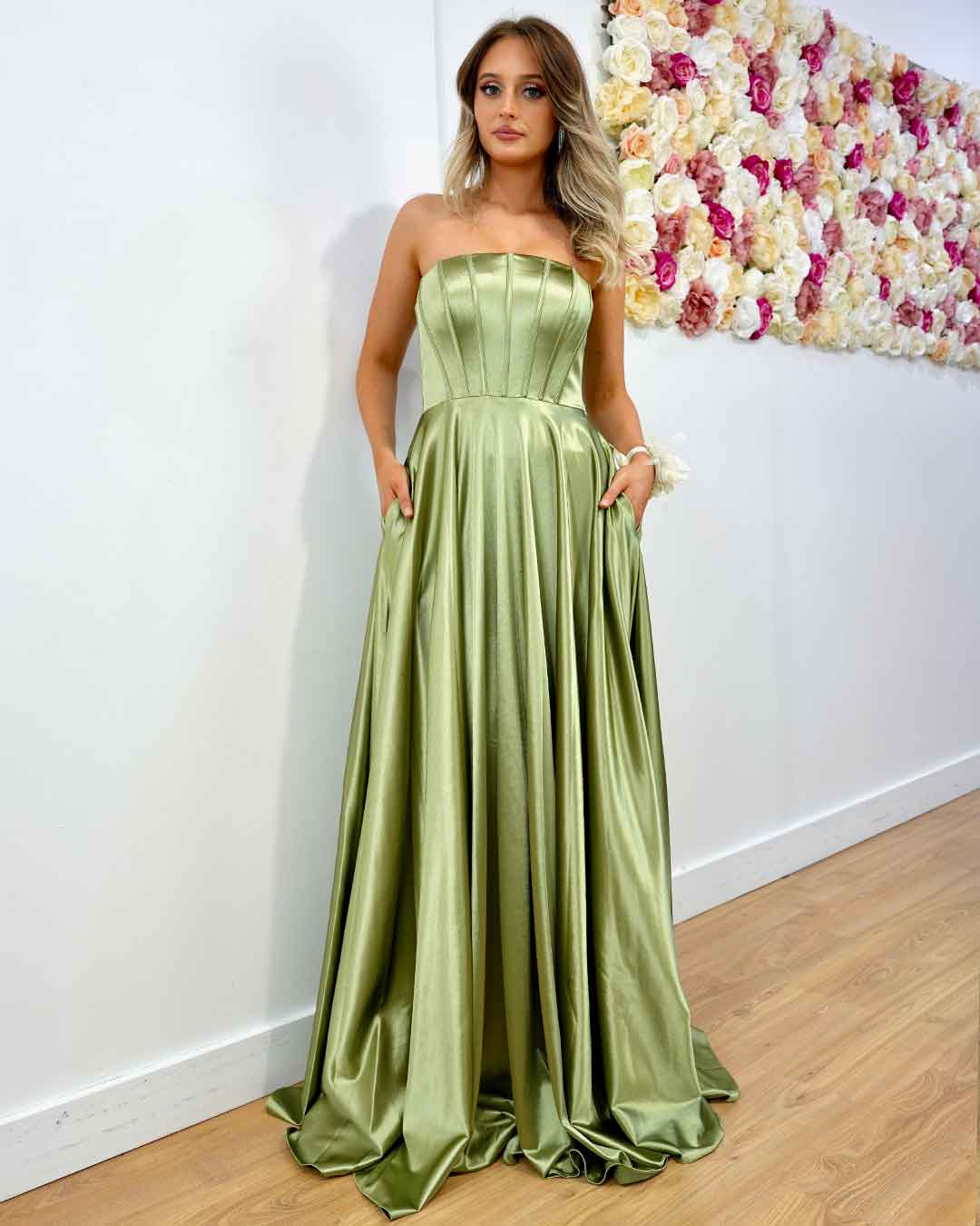 Alexandra Corset Satin Gown - Soft Sage