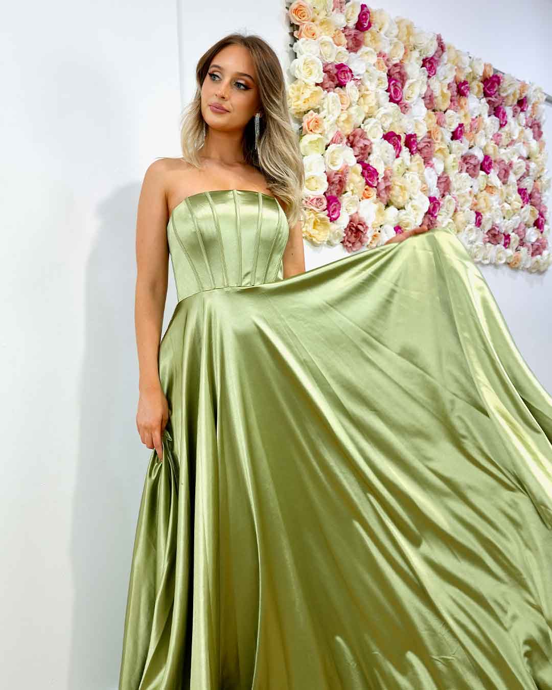 Alexandra Corset Satin Gown - Soft Sage