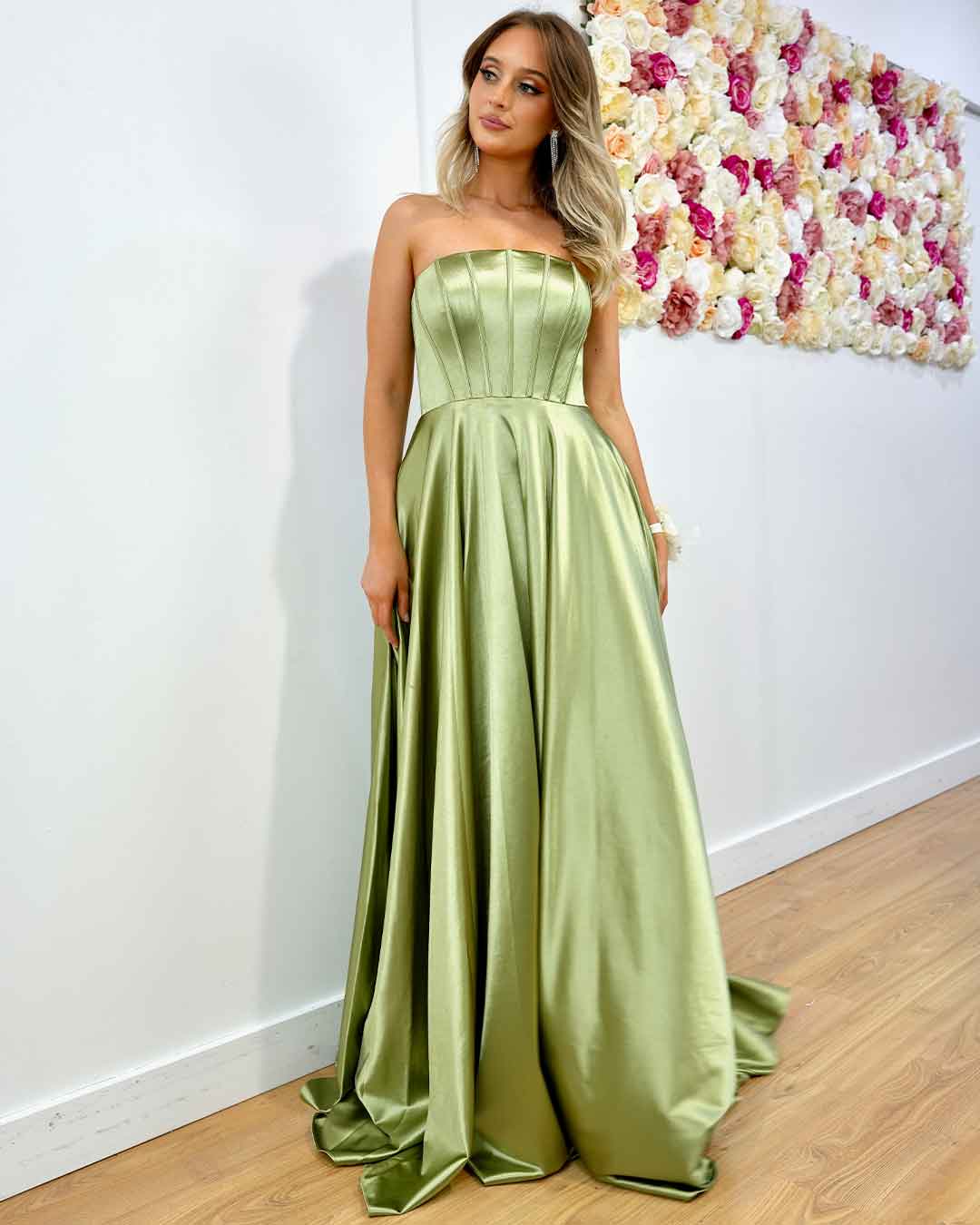 Alexandra Corset Satin Gown - Soft Sage